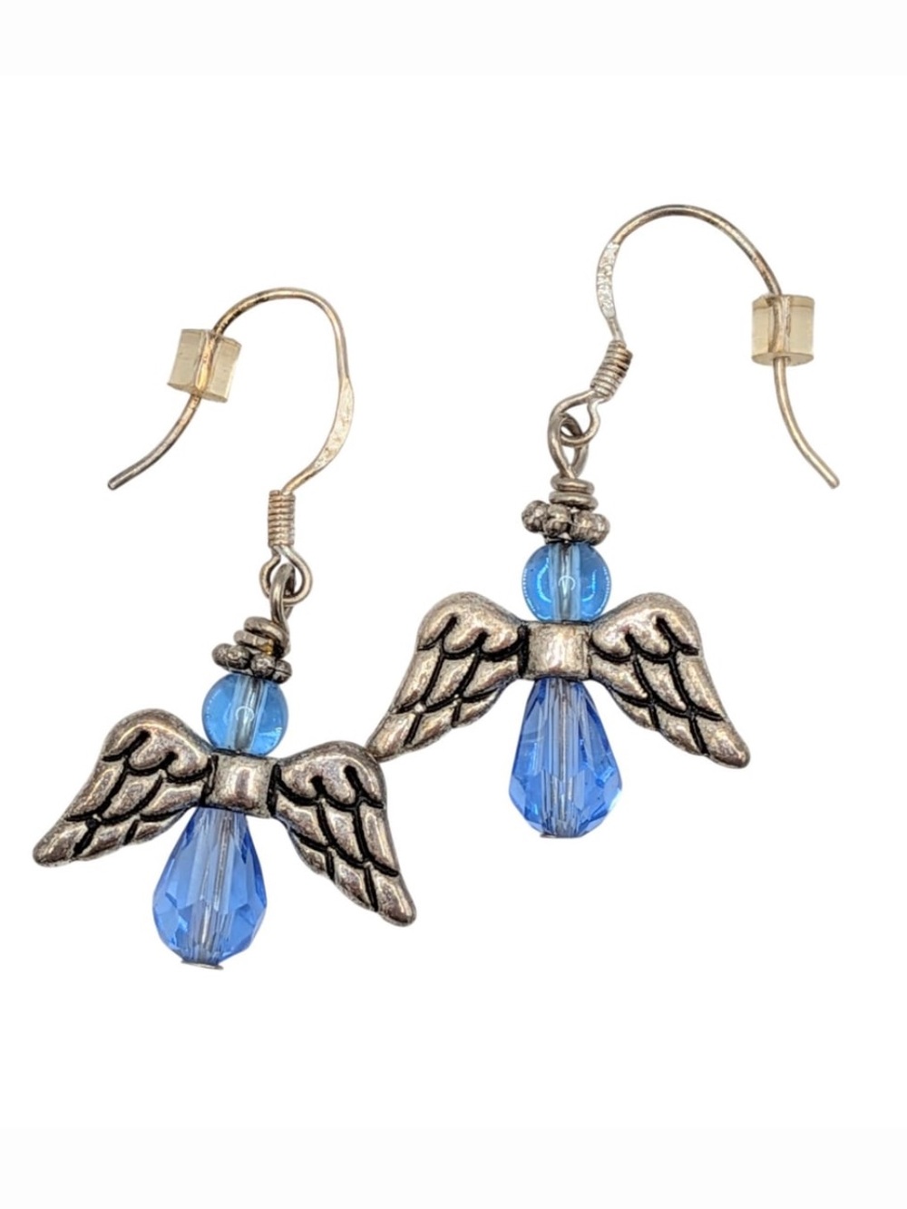 Sterling Silver 925 Blue Glass Bead Angel Dangle Earrings 3.3g